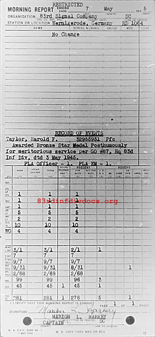 Morning report C Co, 1945-05-07, page 1 Morning report