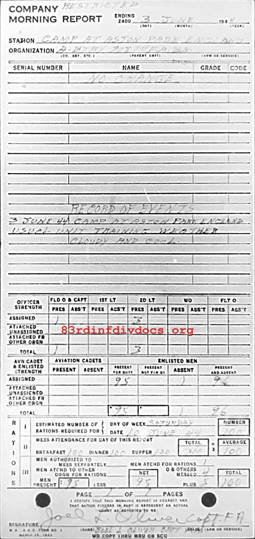 Morning report A Co, 1944-06-03, page 1 Morning report