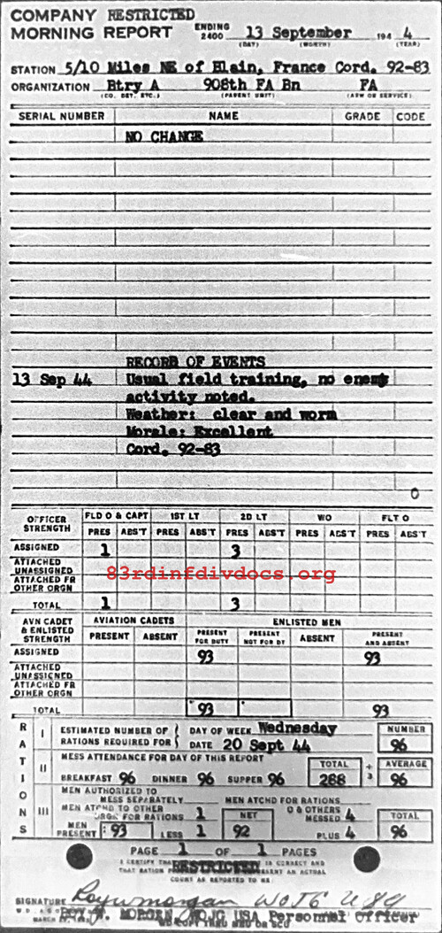 Morning report A Co, 1944-09-13, page 1 Morning report