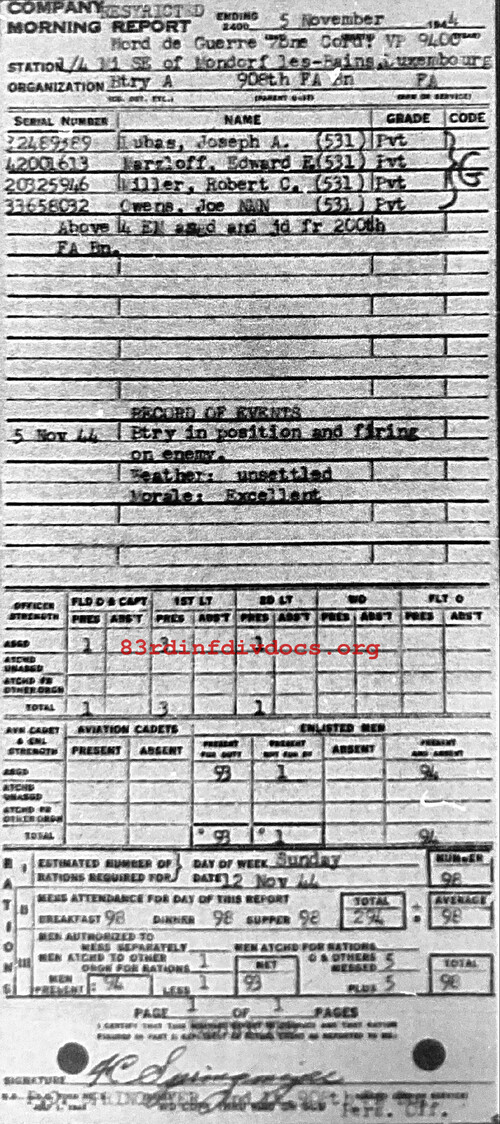 Morning report A Co, 1944-11-05, page 1 Morning report