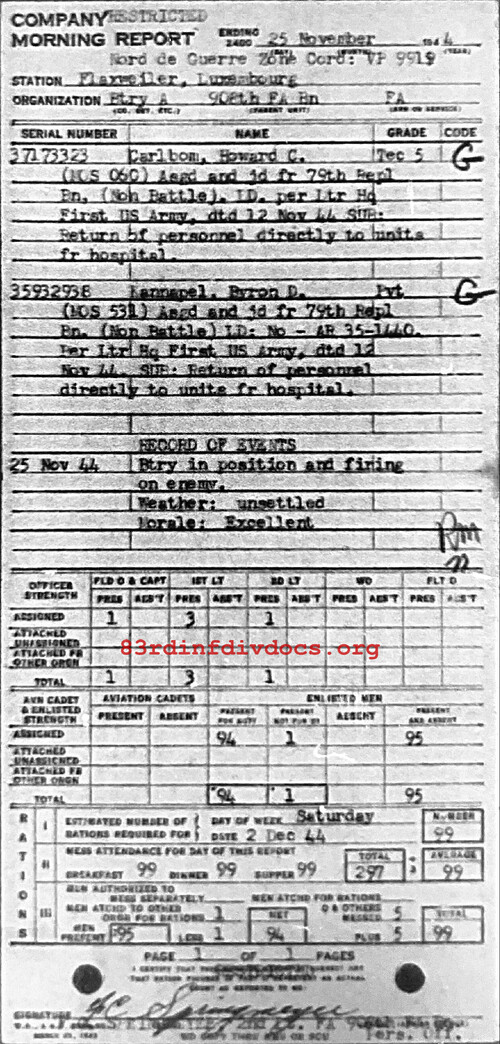 Morning report A Co, 1944-11-25, page 1 Morning report