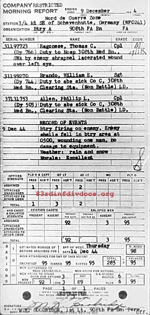 Morning report A Co, 1944-12-09, page 1 Morning report