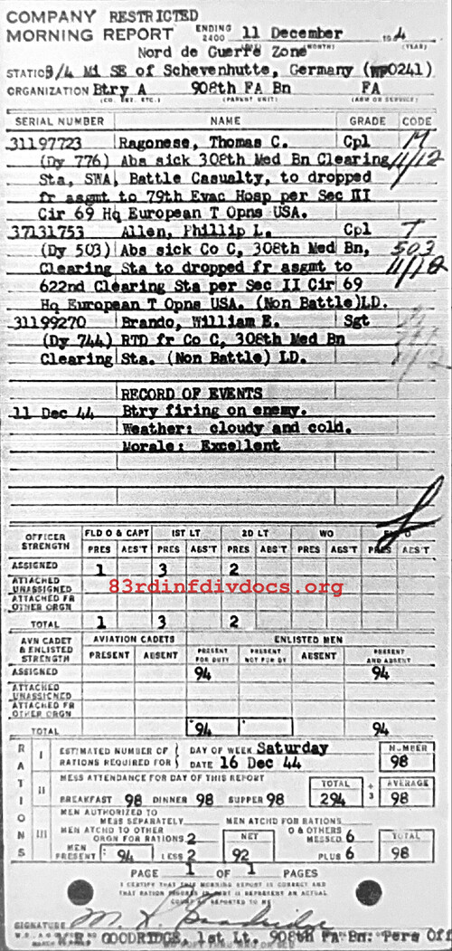 Morning report A Co, 1944-12-11, page 1 Morning report