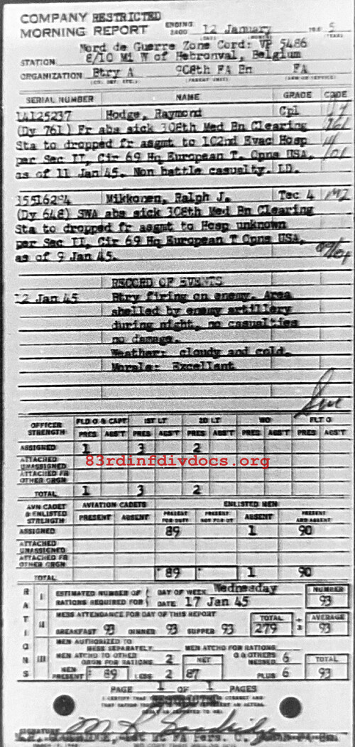 Morning report A Co, 1945-01-12, page 1 Morning report