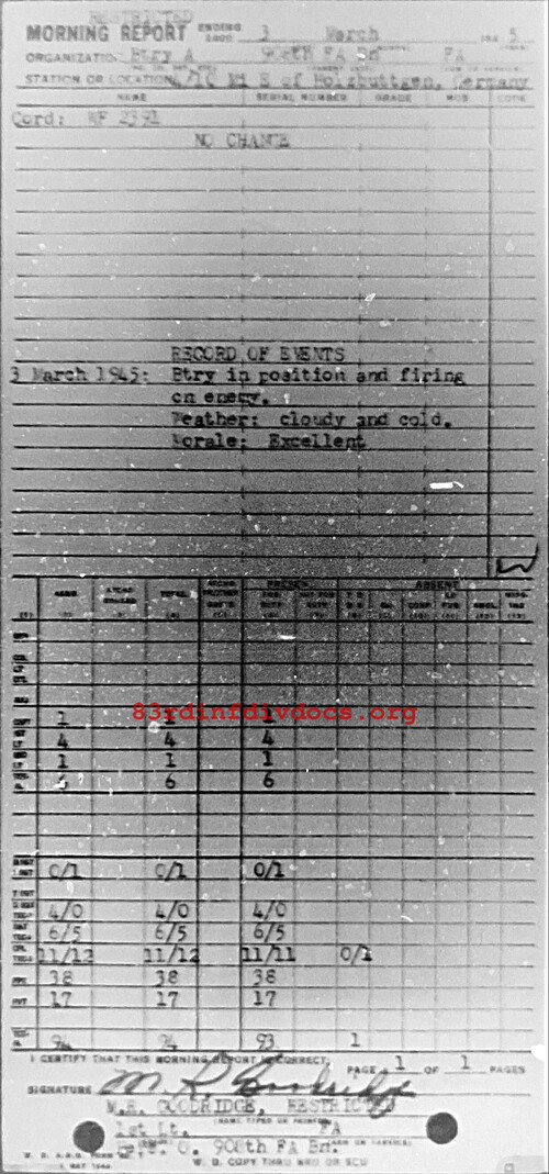 Morning report A Co, 1945-03-03, page 1 Morning report