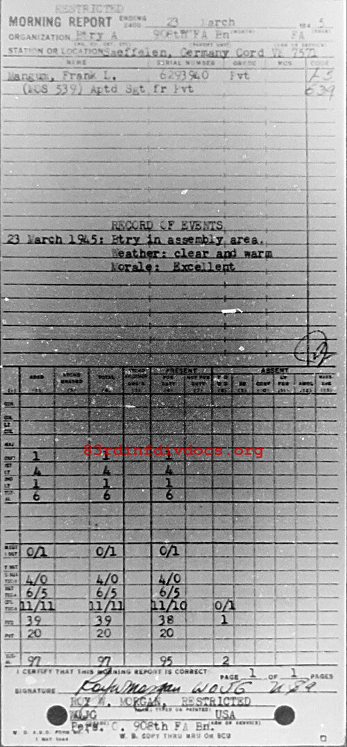 Morning report A Co, 1945-03-23, page 1 Morning report