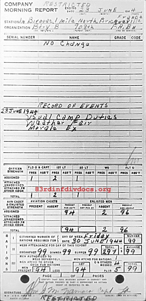 Morning report B Co, 1944-06-23, page 1 Morning report