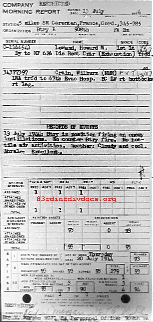 Morning report B Co, 1944-07-13, page 1 Morning report