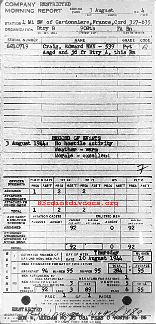 Morning report B Co, 1944-08-03, page 1 Morning report