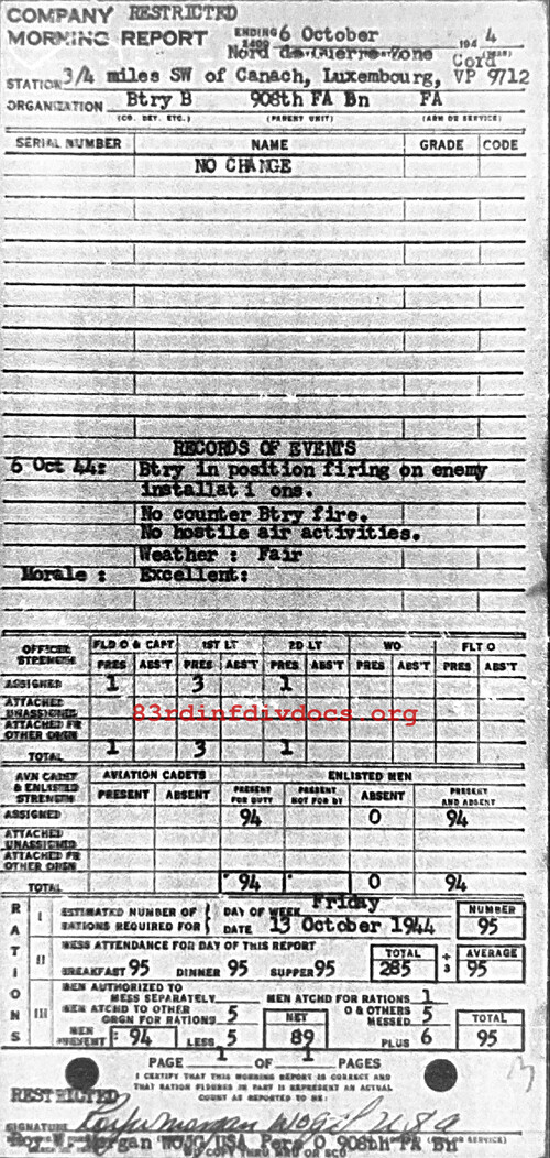 Morning report B Co, 1944-10-06, page 1 Morning report