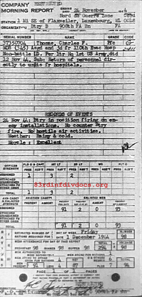 Morning report B Co, 1944-11-24, page 1 Morning report