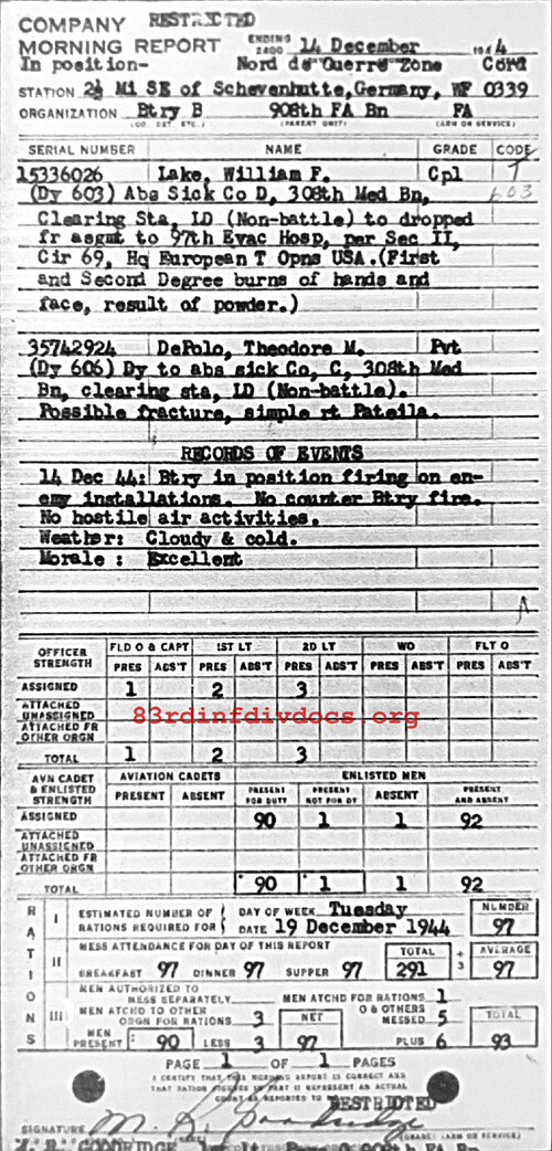 Morning report B Co, 1944-12-14, page 1 Morning report