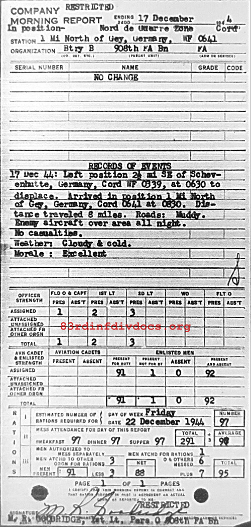 Morning report B Co, 1944-12-17, page 1 Morning report