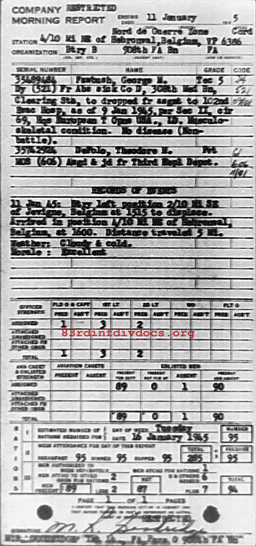 Morning report B Co, 1945-01-11, page 1 Morning report