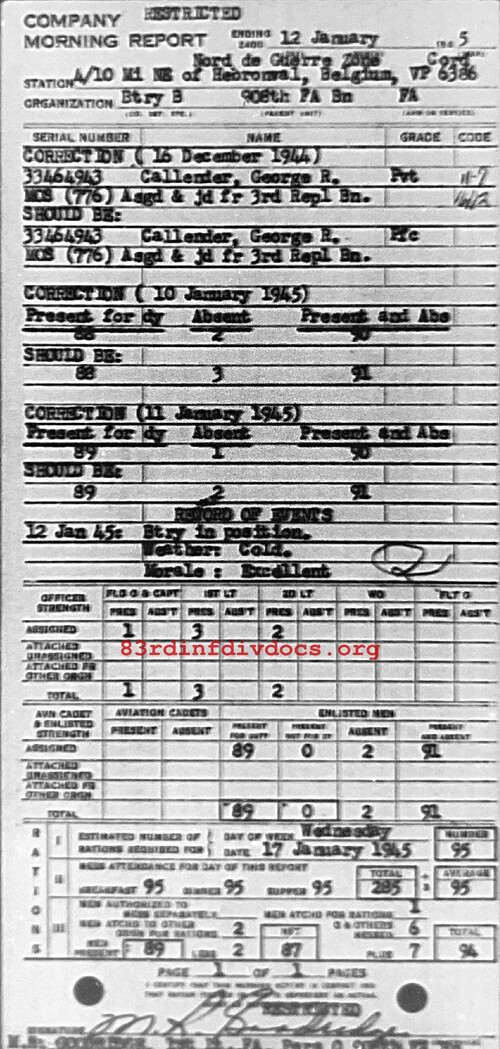 Morning report B Co, 1945-01-12, page 1 Morning report