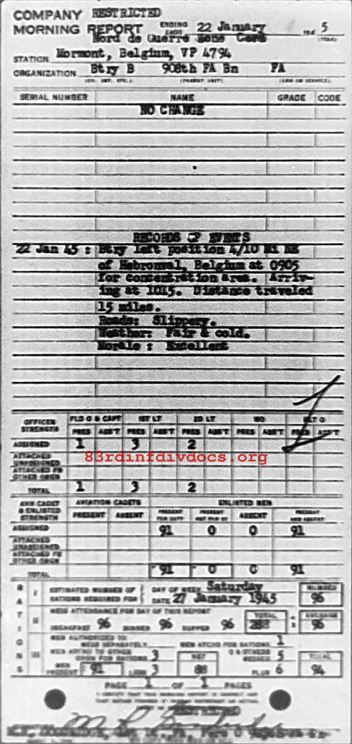 Morning report B Co, 1945-01-22, page 1 Morning report