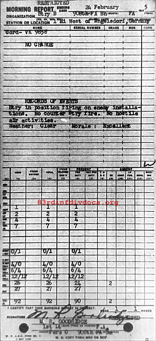 Morning report B Co, 1945-02-24, page 1 Morning report