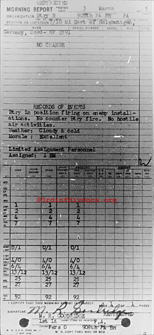 Morning report B Co, 1945-03-03, page 1 Morning report