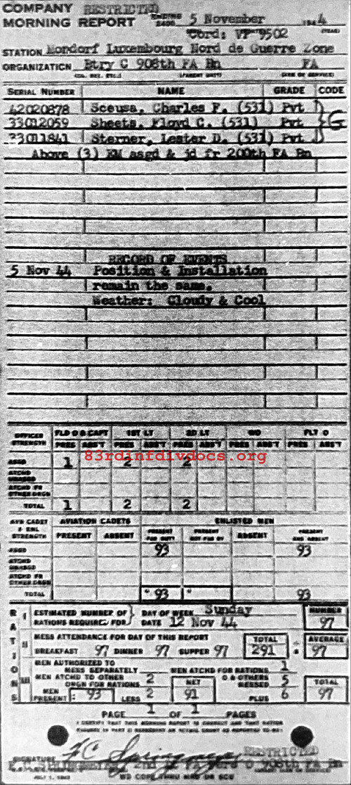 Morning report C Co, 1944-11-05, page 1 Morning report