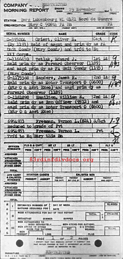 Morning report C Co, 1944-11-29, page 1 Morning report