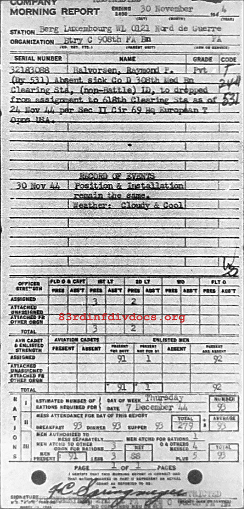 Morning report C Co, 1944-11-30, page 1 Morning report