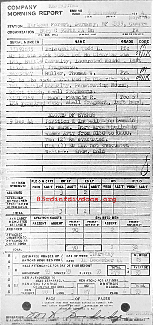 Morning report C Co, 1944-12-09, page 1 Morning report