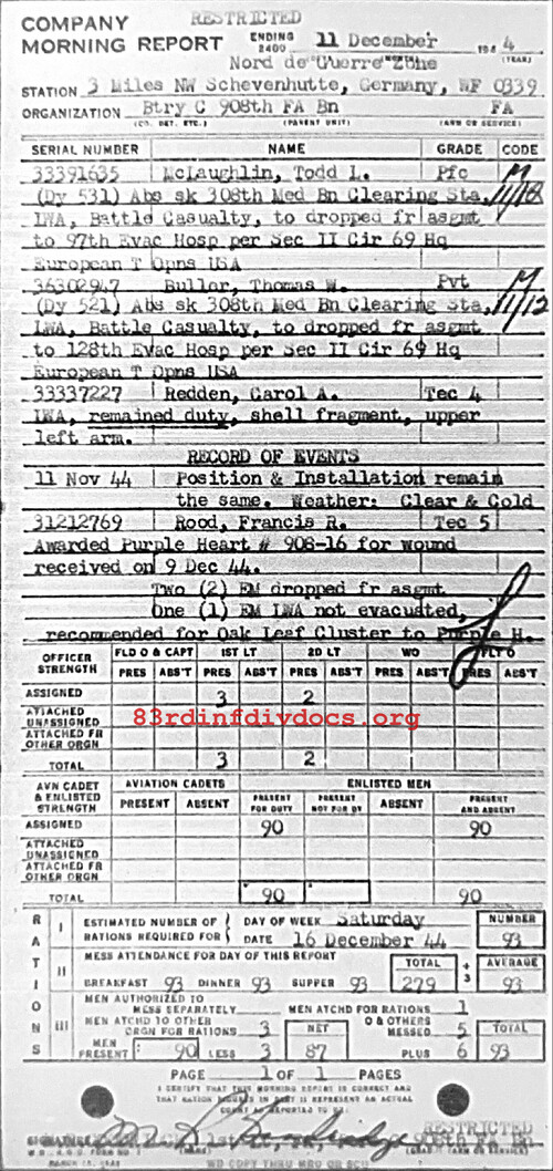 Morning report C Co, 1944-12-11, page 1 Morning report