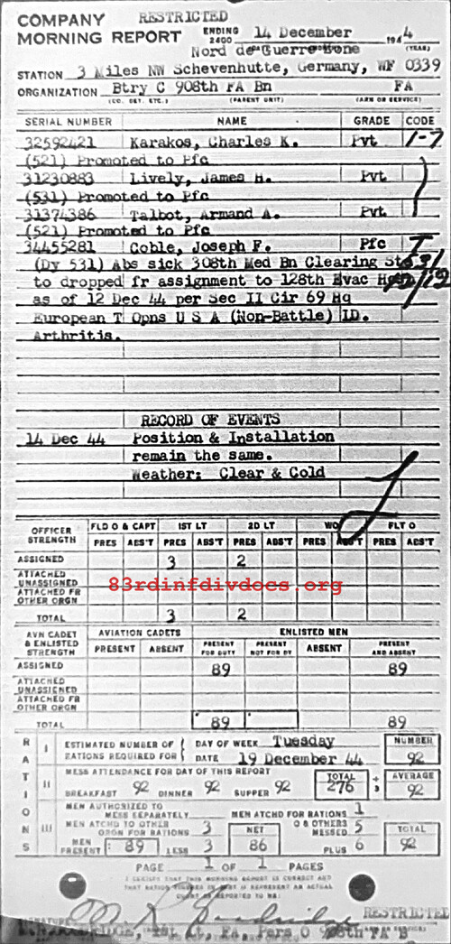 Morning report C Co, 1944-12-14, page 1 Morning report