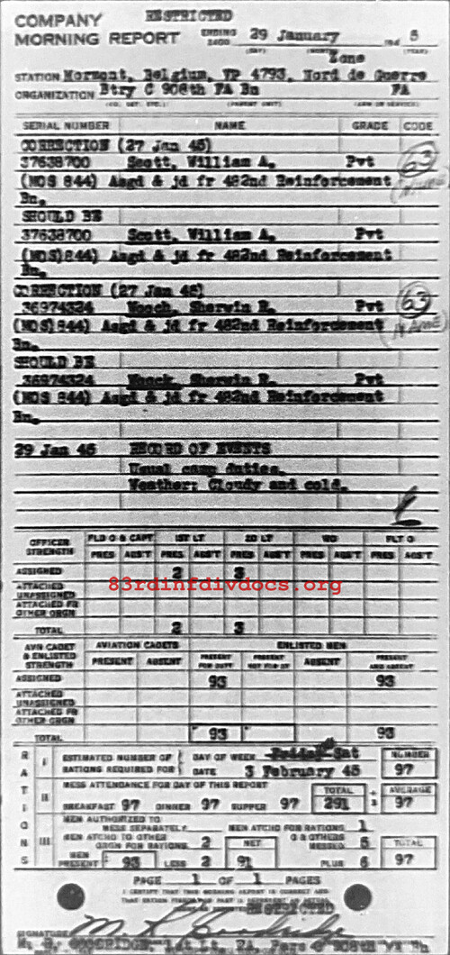 Morning report C Co, 1945-01-29, page 1 Morning report