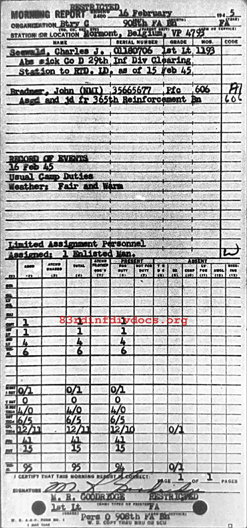 Morning report C Co, 1945-02-16, page 1 Morning report