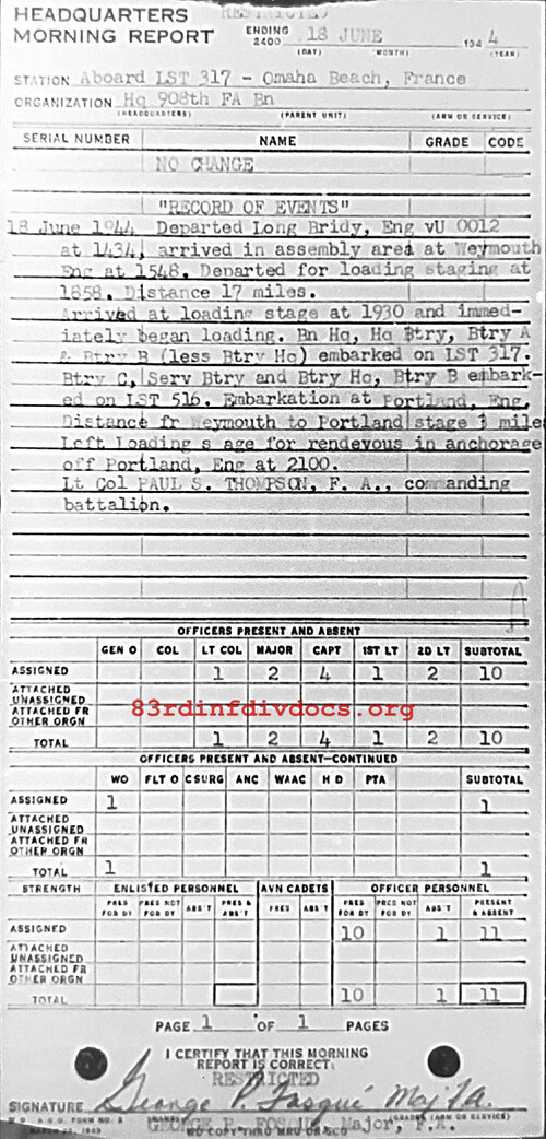 Morning report HQ Co, 1944-06-18, page 1 Morning report