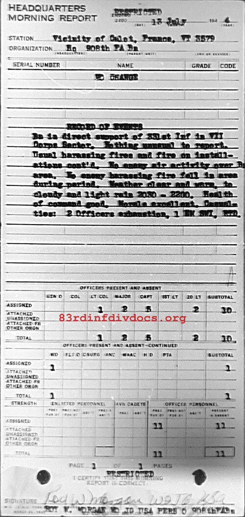 Morning report HQ Co, 1944-07-13, page 1 Morning report