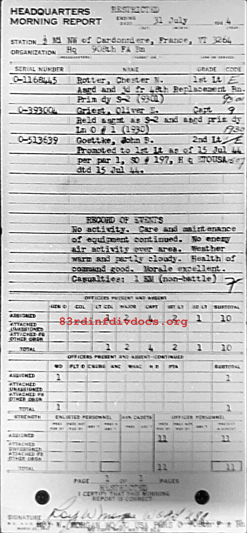 Morning report HQ Co, 1944-07-31, page 1 Morning report
