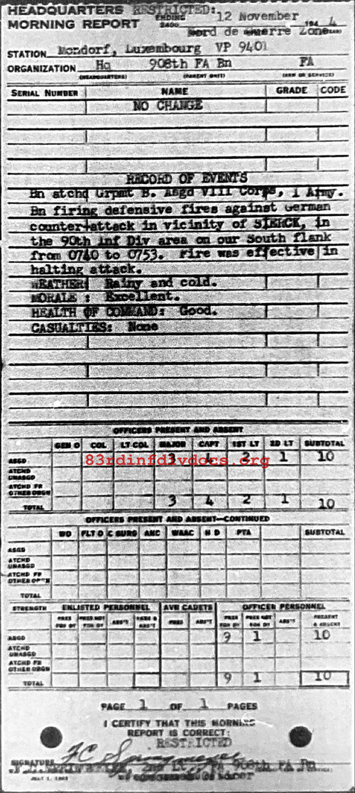 Morning report HQ Co, 1944-11-12, page 1 Morning report