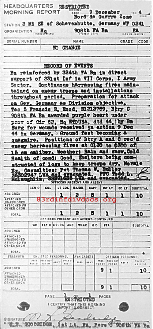 Morning report HQ Co, 1944-12-09, page 1 Morning report