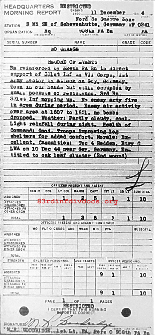 Morning report HQ Co, 1944-12-11, page 1 Morning report