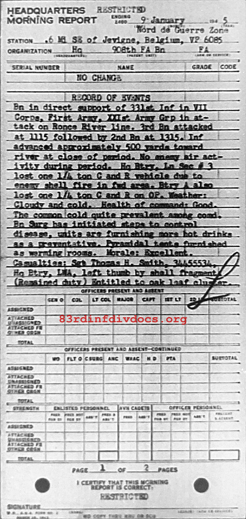 Morning report HQ Co, 1945-01-09, page 1 Morning report