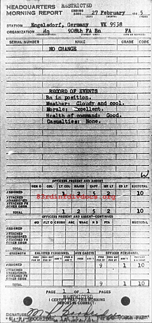 Morning report HQ Co, 1945-02-27, page 1 Morning report