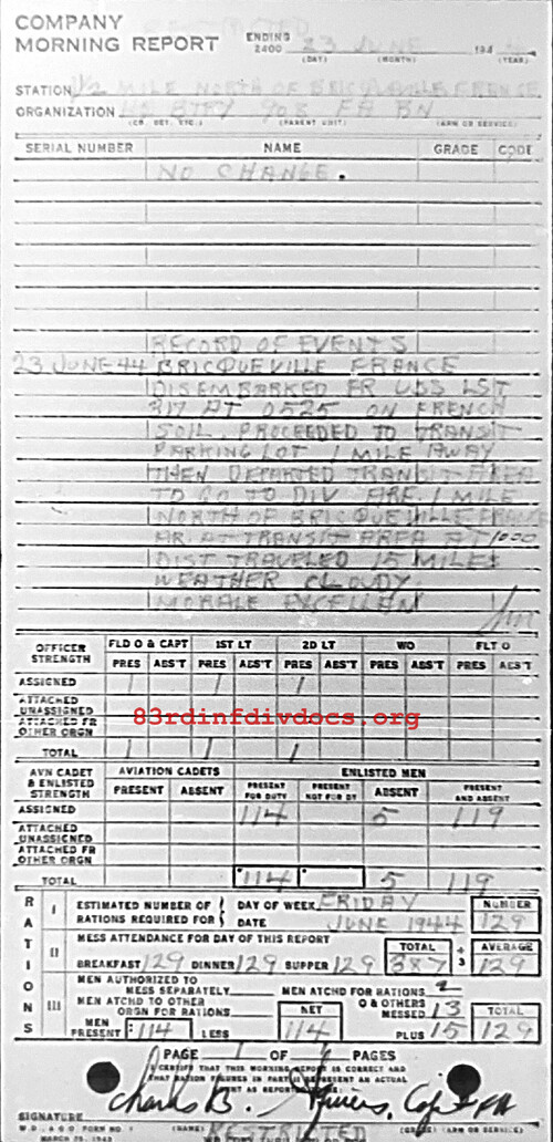 Morning report HQBTRY Co, 1944-06-23, page 1 Morning report
