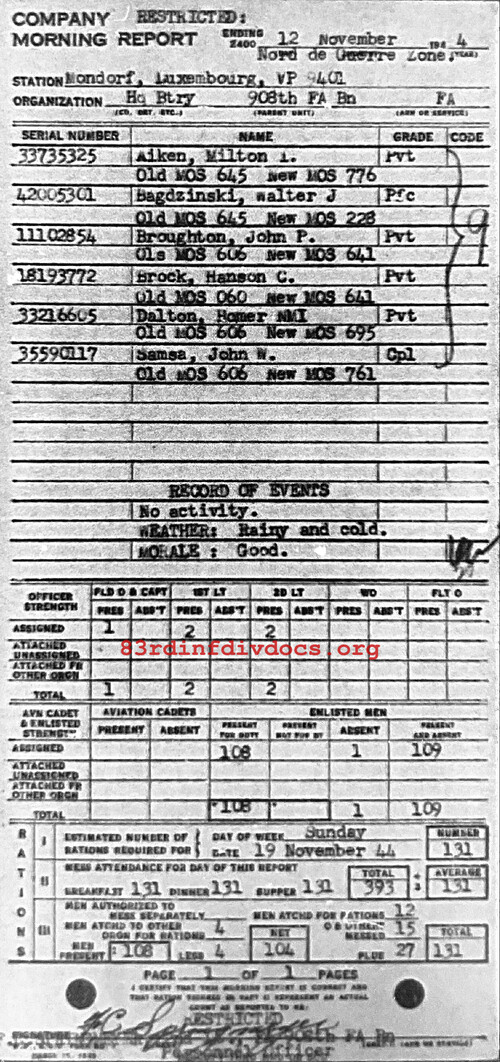 Morning report HQBTRY Co, 1944-11-12, page 1 Morning report