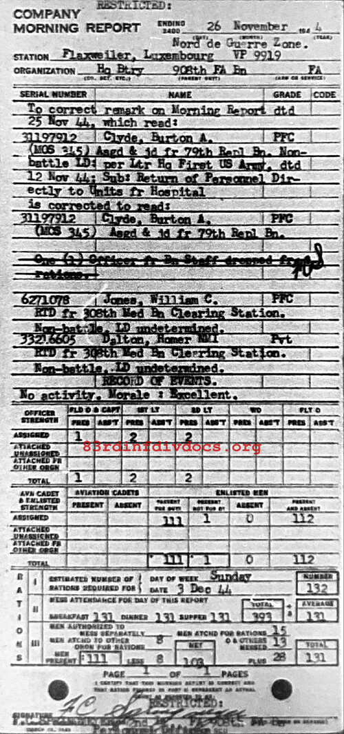 Morning report HQBTRY Co, 1944-11-26, page 1 Morning report