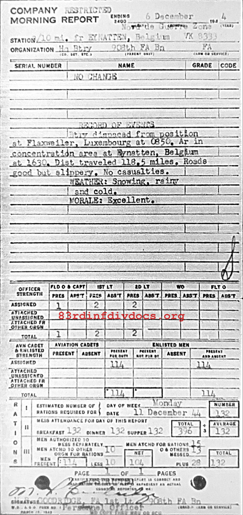 Morning report HQBTRY Co, 1944-12-06, page 1 Morning report