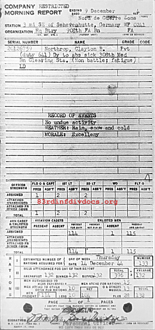 Morning report HQBTRY Co, 1944-12-09, page 1 Morning report