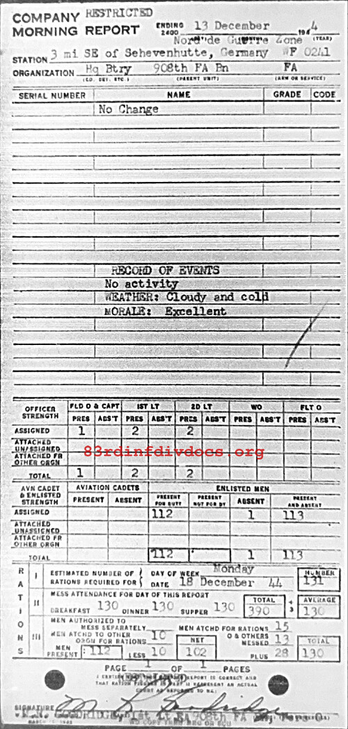 Morning report HQBTRY Co, 1944-12-13, page 1 Morning report