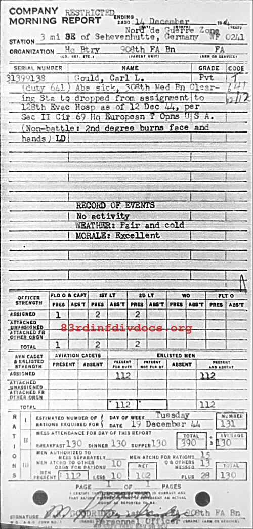 Morning report HQBTRY Co, 1944-12-14, page 1 Morning report