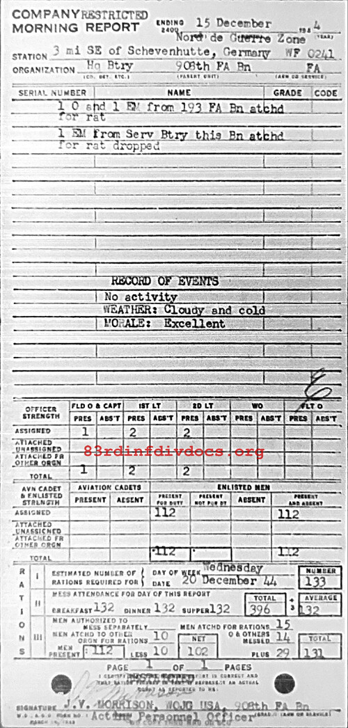 Morning report HQBTRY Co, 1944-12-15, page 1 Morning report