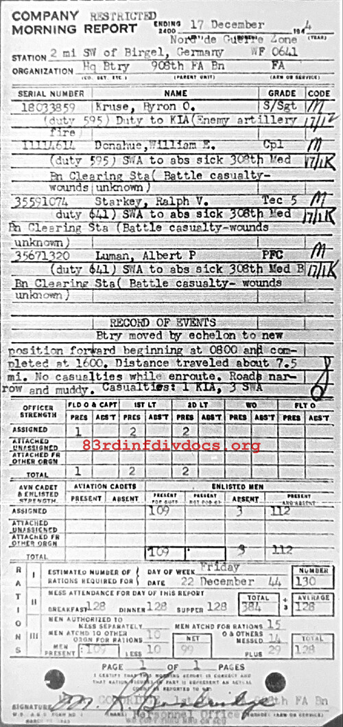 Morning report HQBTRY Co, 1944-12-17, page 1 Morning report