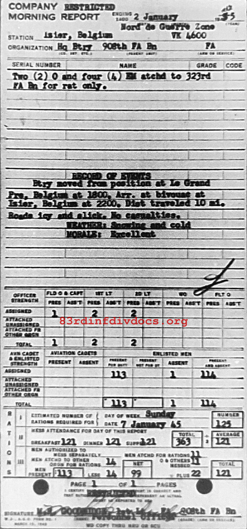 Morning report HQBTRY Co, 1945-01-02, page 1 Morning report