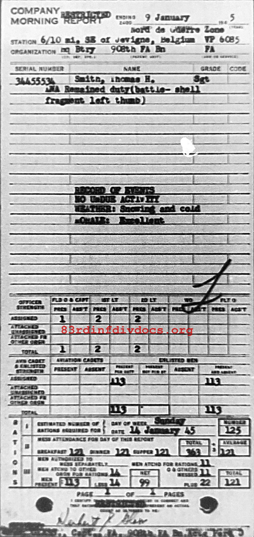 Morning report HQBTRY Co, 1945-01-09, page 1 Morning report