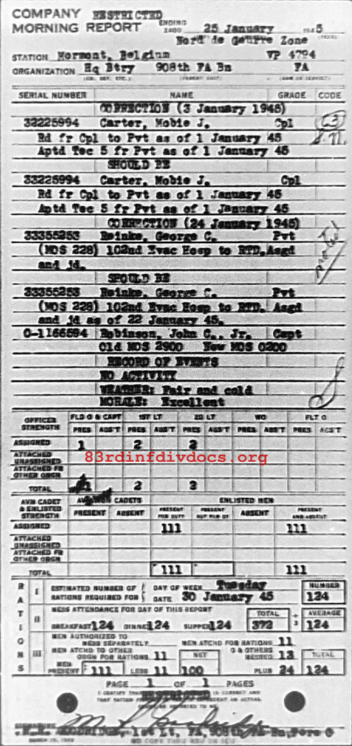 Morning report HQBTRY Co, 1945-01-25, page 1 Morning report